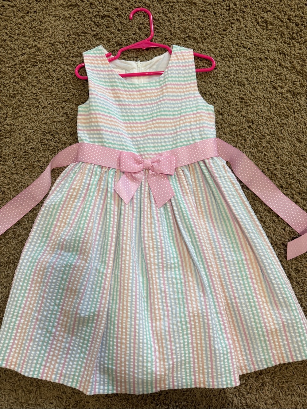 Bonnie Jean Pastel Striped Seersucker Dress with Pink Polka Dot Bow